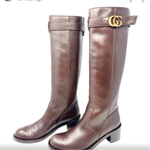 Gucci Boots GG Marmont Gold Logo Dark Brown Leather Zip Knee High Riding EU 37.5